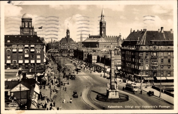 KP København Kopenhaga Dania, widok na miasto z Pasażu Vesterbro, architektura