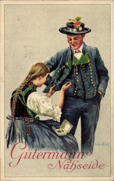 Artist Postcard Liebich, Gütermann's sewing silk, advertisement, man and woman in traditional costumes