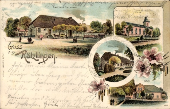 Chromo-Litho Rätzlingen in Lower Saxony, Rieckmann inn, rectory, church, school