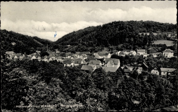 Postcard Wirsberg in the Fichtelgebirge, high-altitude health resort rural landscape, wooded hills