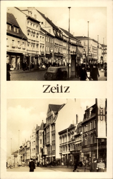 Ak Zeitz im Burgenlandkreis, Straßenszene, Passanten, Fahrzeuge