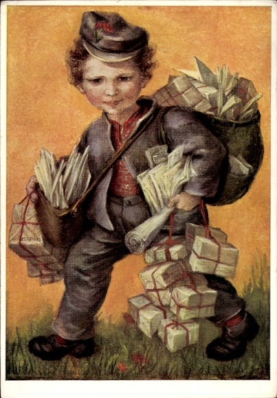 Artist PC Spötl, M., postman, packages, boy in uniform
