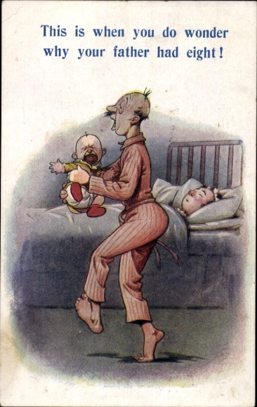 Artist Postcard Father with crying baby at night, mother sleeping