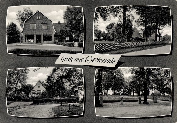 Ansichtkaart Westersode Hemmoor in Nedersaksen, straatgedeelte, winkel, monument