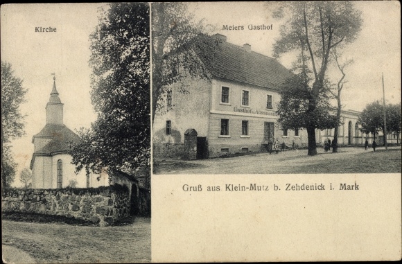 Postcard Klein Mutz Zehdenick in the Mark, Church, Meiers Gasthof