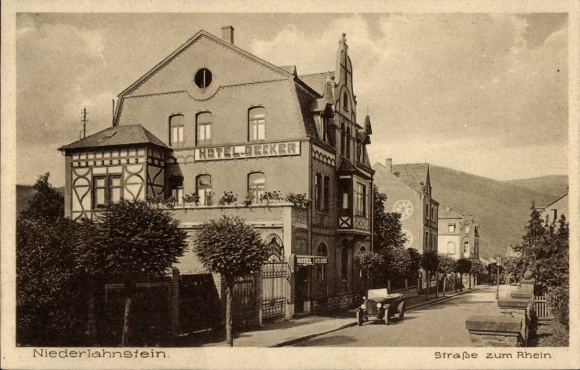 Postcard Niederlahnstein Lahnstein am Rhein, road to the Rhine, Hotel Becker