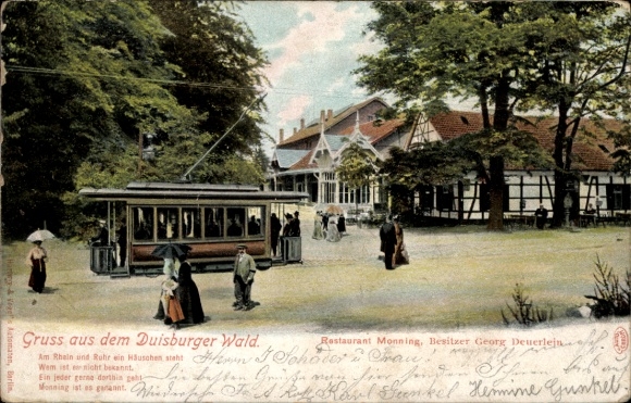 Ak Duisburg im Ruhrgebiet, Restaurant Monning, Straßenbahn