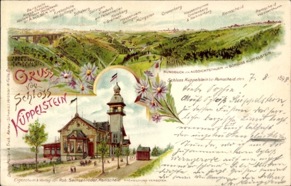 Chromo-Litho Reinshagen Remscheid, Küppelstein Castle, observation tower, Müngsten, Schaberg