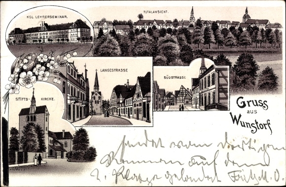 Chromo-Litho Wunstorf in Lower Saxony, teachers' seminar, collegiate church, Langestrasse, Südstrasse, total view