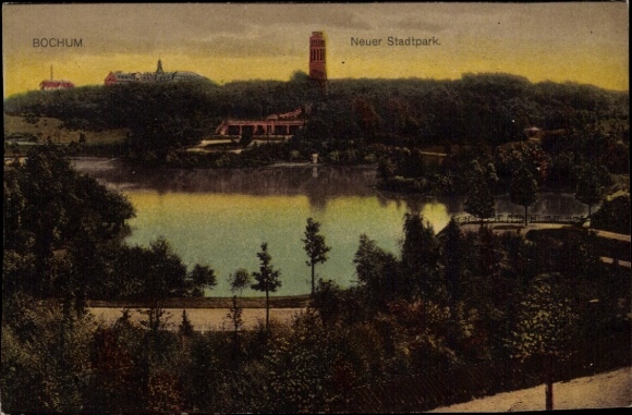Ak Bochum im Ruhrgebiet, Neuer Stadtpark, Turm, Wasser, Bäume, Hügel