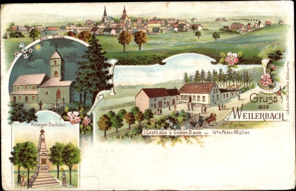 Litho Weilerbach in der Pfalz, Gasthaus zum Grünen Baum, Kriegerdenkmal, Kirche