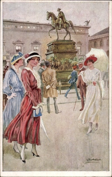 Artist Postcard Usabal, Luis, Berlin, cosmopolitan life, young elegant ladies, equestrian statue