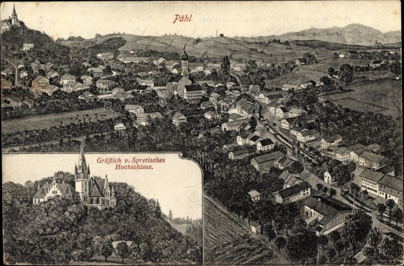 Kunstenaarskaart Pähl Opper-Beieren, totaalaanzicht van het dorp, graaf van Spretische Hochschloss