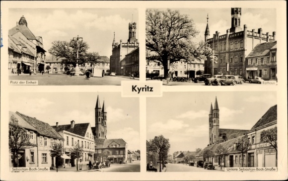 Postcard Kyritz in der Prignitz, Unity Square, Sebastian Bach Street, City Hall