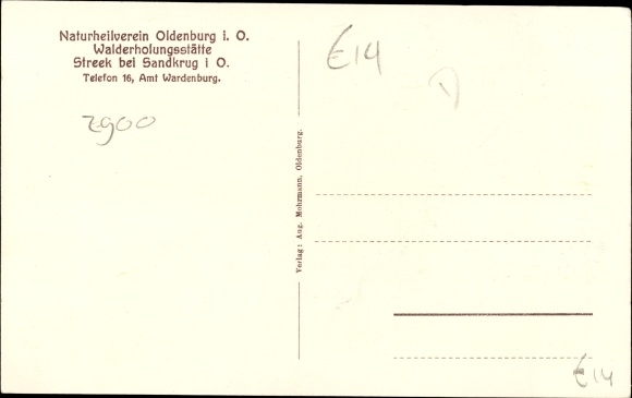 Postcard Streek Sandkrug Hatten in Oldenburg, naturopathic association, forest recreation center, administration building