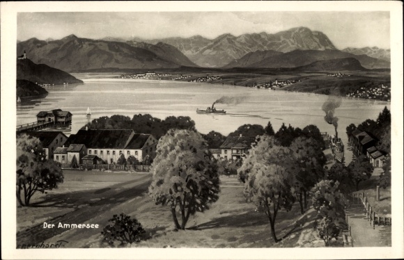 Kunstenaarskaart Inning in het district Starnberg, Opper-Beieren, uitzicht op de stad met de Ammersee