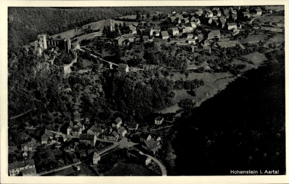 Postcard Hohenstein im Taunus, aerial view of Hohenstein, Aartal, medieval castle, view of houses