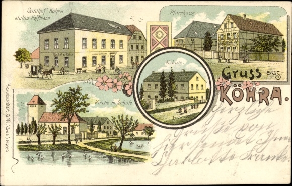 litho Köhra Belgershain in Saksen, Julius Hoffmann's herberg, kerk, school, pastorie