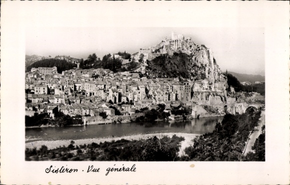 Postcard Sisteron Alpes de Haute Provence, beautiful mountain landscape, town, river, black and white photo
