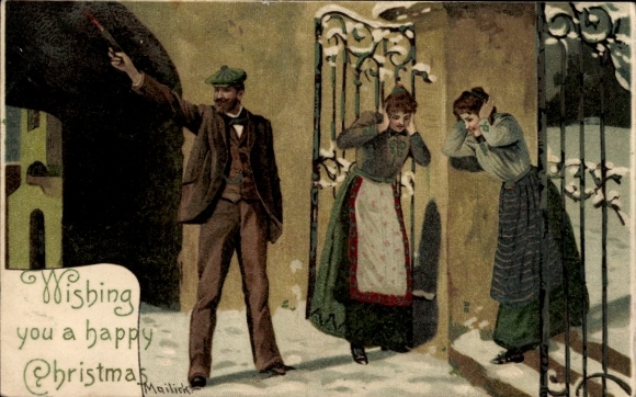 Embossed artist Postcard Mailick, Congratulations Christmas, Man with gun, Two women