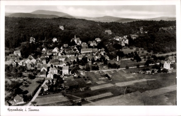 Postcard Eppenhain Kelkheim in the Taunus, aerial view of Eppenhain, hilly landscape, houses, forests