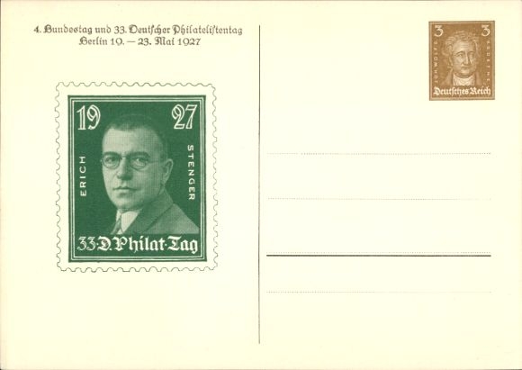 Postal stationery Postcard 4th Bundestag and 33rd German Philatelists' Day 1927, E. Stenger, GS DR PP 97 C2 08