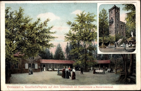 Postcard Cunewalde in Lusatia, Czorneboh, mining and lookout tower, guests