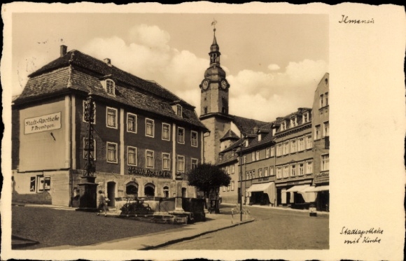 Postcard Ilmenau in Thuringia, city pharmacy, Tenpen, city church, architecture