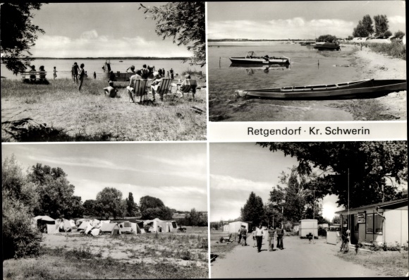 Postcard Retgendorf in Mecklenburg, campsite, tents, shore area, boats, guests