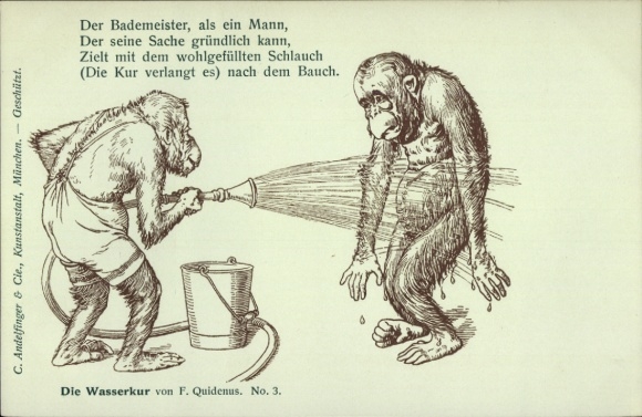 Kunstenaar Ak Quidenus, Fritz, The Water Cure No. 3, gehumaniseerde apen, badmeester, slang
