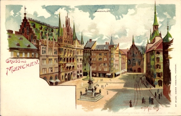 Artist Chromo-Litho Münch, Munich, Marienplatz, Town Hall