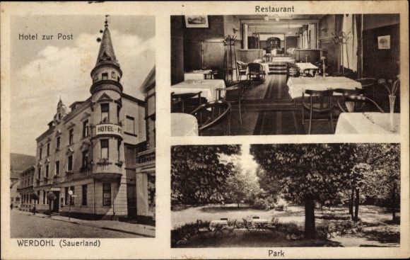 Ak Werdohl im Sauerland, Park, Hotel zur Post, W. Schulte
