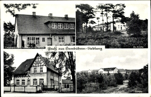Postcard Hambühren in Lower Saxony, settlement, church, shop, school, school camp