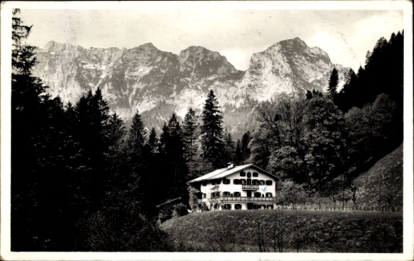 Postcard Ramsau in Berchtesgadener Land Upper Bavaria, mountain landscape, old building, forest, mountains in the background
