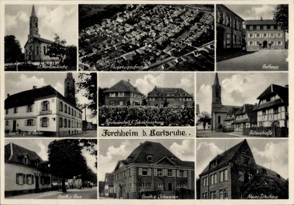 Postcard Forchheim (near Karlsruhe) Rheinstetten in Baden, St. Martin's Church, Town Hall, Adlerstraße, Guest