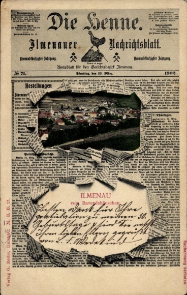 Newspaper Postcard Ilmenau in Thuringia, view from the Ravenéshäuschen, Ilmenau newsletter Die Henne