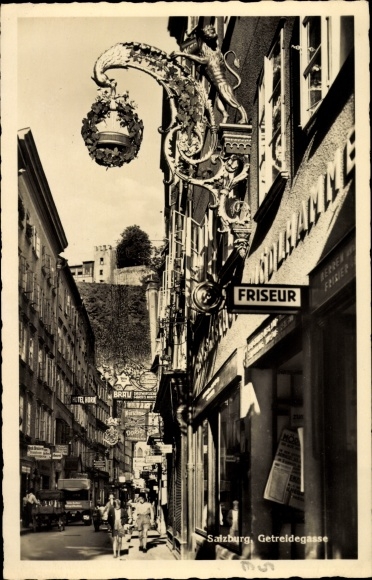 Postcard Salzburg in Austria, Getreidegasse, shops, hairdresser