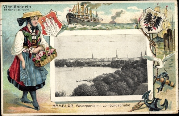 Coat of arms Passepartout Chromo-Litho Hamburg, Alsterpartie, four-country woman in national costume