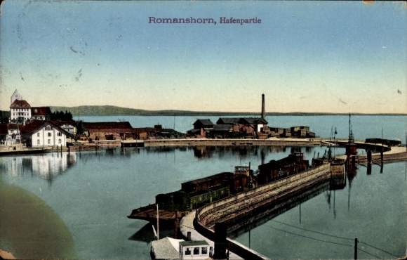 KP Romanshorn Canton Thurgau, widok na port, woda, budynki, statki, spokojna sceneria