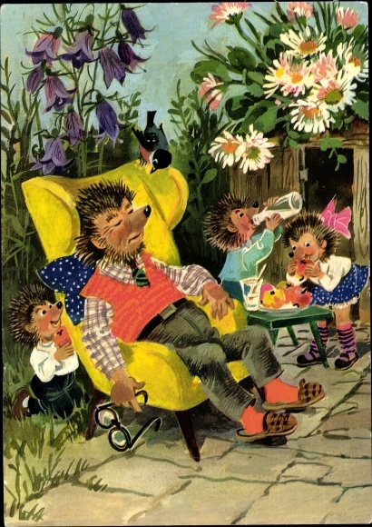Postcard hedgehog Mecki sleeping in the garden, hedgehog children