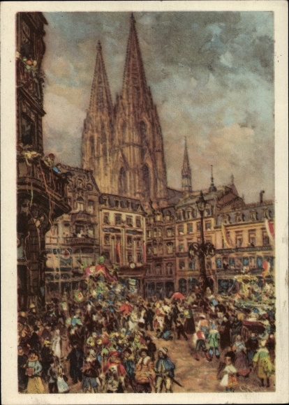 KP artysta pocztówka Köln am Rhein, karnawał, parada, katedra