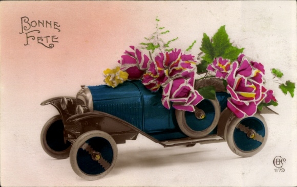 Ak Büchelberg Wörth am Rhein, Auto mit Blumen.