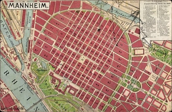 City map PC Mannheim in Baden, total view, palace gardens, Rhine, Neckar, harbour