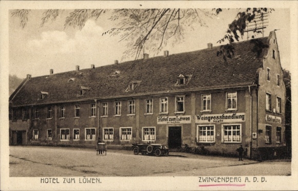 Postcard Zwingenberg on the Bergstrasse in Hesse, Hotel zum Löwen, wine wholesaler