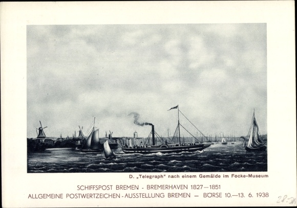 Postwaardestukken kunstenaarsbriefkaart scheepspost Bremen Bremerhaven 1827-1851, postzegeltentoonstelling 1938