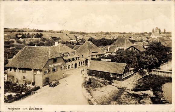 Ak Hagnau am Bodensee, Panorama, Gasthof Pension Seegarten, Strand-Café