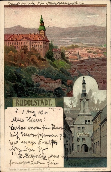 litho Rudolstadt in Thüringen, stadspanorama, Ratskeller