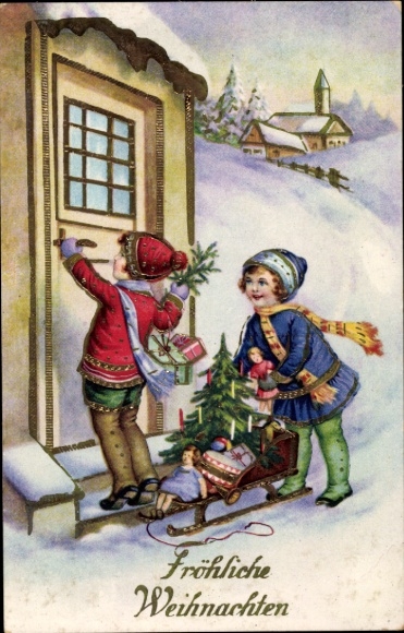 Glitter Postcard Christmas, children, sleigh