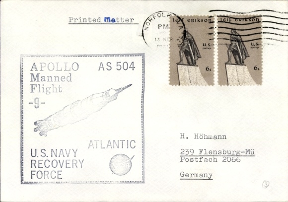 Brief Raumfahrt USA, Apollo 9, AS 504, Atlantic, Norfolk Va