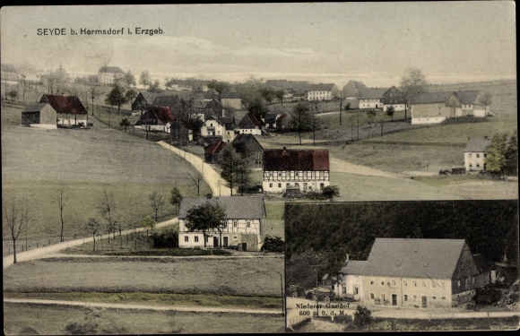 Postcard Seyde Hermsdorf in the Ore Mountains, panorama of the village, Niederer inn